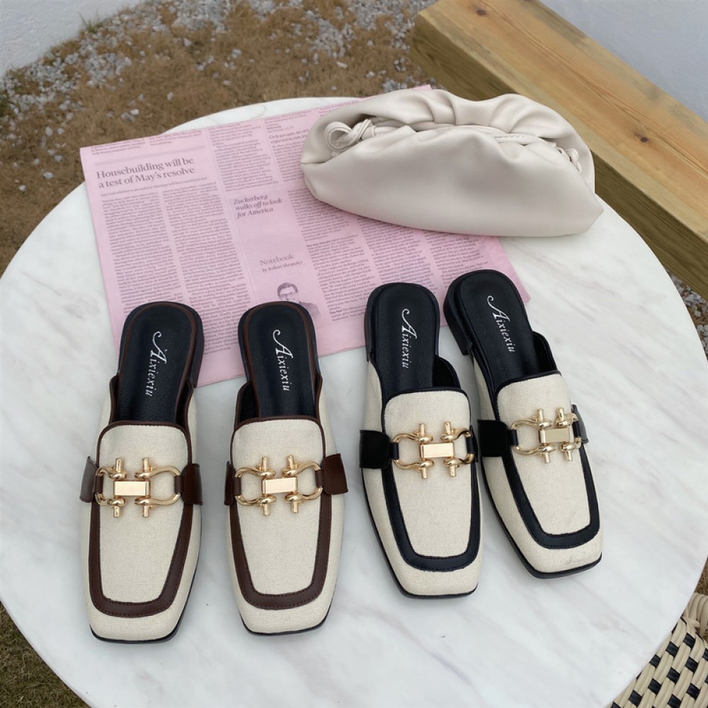 Spring style lazy square head wild thick with half drag metal buckle tide female sandals