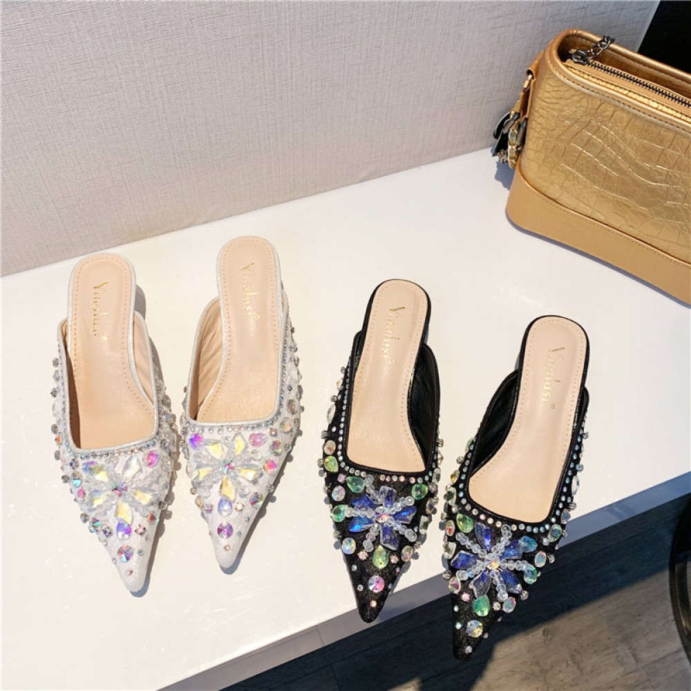 Half slippers women's new autumn heavy industry fine high fashion rhinestone OL slippers women 5-6