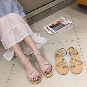 Fairy glittering rhinestone oblique thin belt was thin set toe simple beach flat sandals 5-8