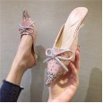 Crystal and slippers women wear new lazy middle-heeled OL wedding dress women's shoes