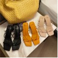 Fashion square head thick with thin belt combined clip toe high-heeled hollow wild beach Roman OL female half drag sandals