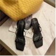 Fashion square head thick with thin belt combined clip toe high-heeled hollow wild beach Roman OL female half drag sandals