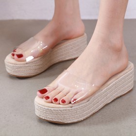 New summer comfortable waterproof platform thick bottom high heel wedge heel hemp rope transparent word with sandals and slippers female