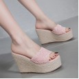Summer 12CM high heel waterproof platform hemp rope wedge rhinestone slippers 313-5