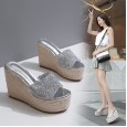 Summer 12CM high heel waterproof platform hemp rope wedge rhinestone slippers 313-5