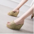 Spring fashion sequined wedge heel platform high heel thick bottom wedding OL half drag female sandals