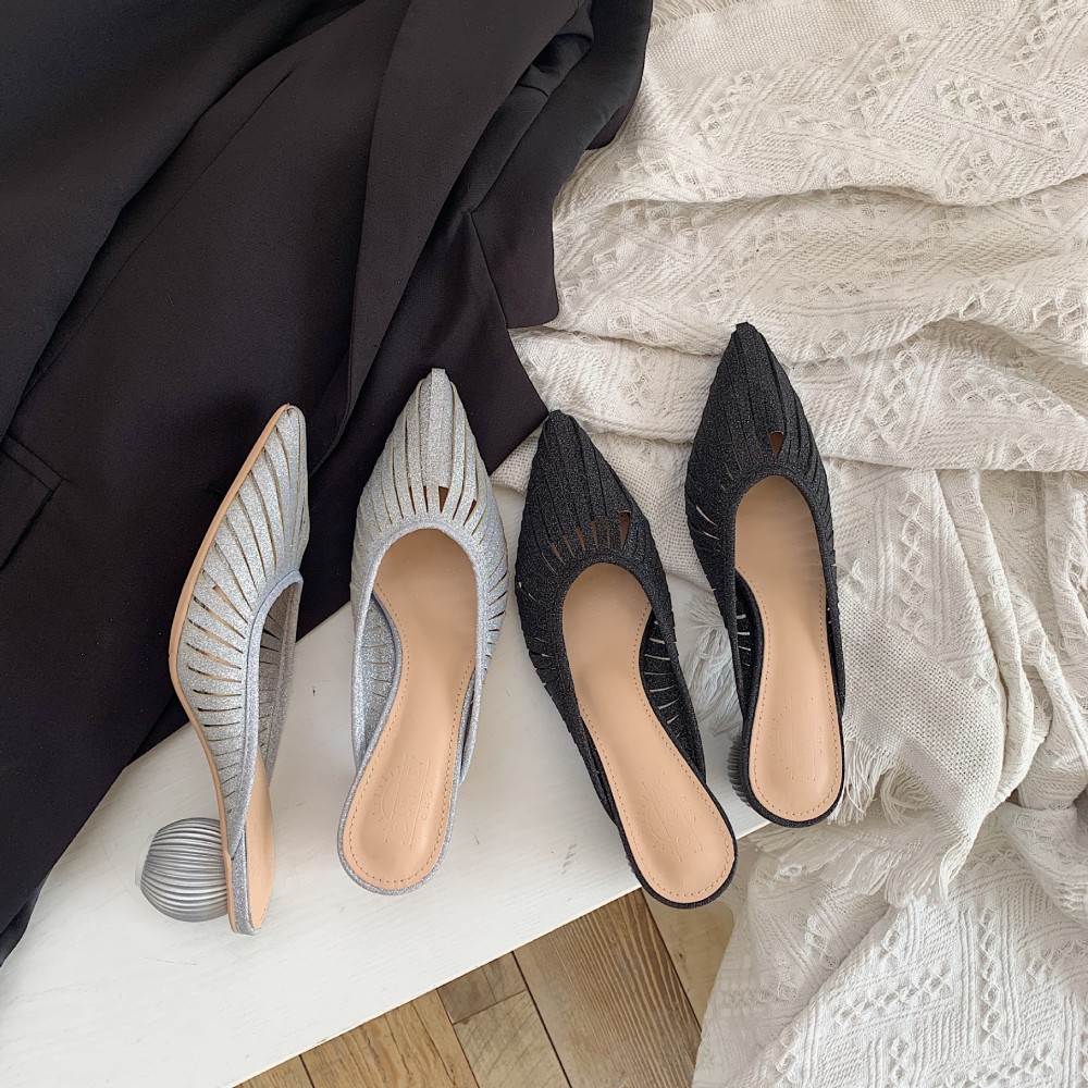 Early spring New Roman version of the ball-shaped round heel pointed sequins half drag fashion OL tide female dress women's shoes