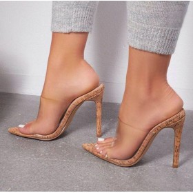 Summer imitation wood heel transparent pointed thin high-heeled half-drag dress sandals 666-36