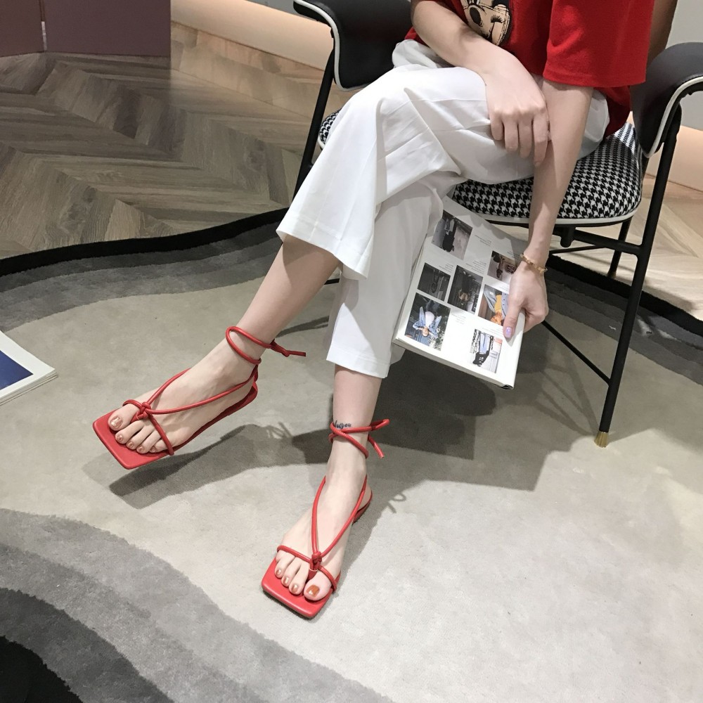 Summer new fairy style open toe word buckle Roman sandals square head thin belt flat bottom women's shoes