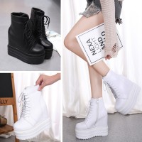 Autumn and winter new sponge cake thick bottom slope with increased height in the lace up round head short boots Martin boots