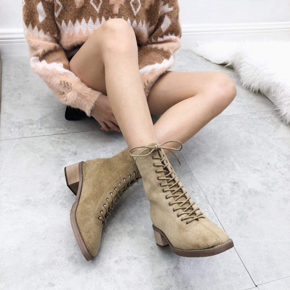 Martin boots women's style wild thick heel short boots boots winter suede middle heel motorcycle boots