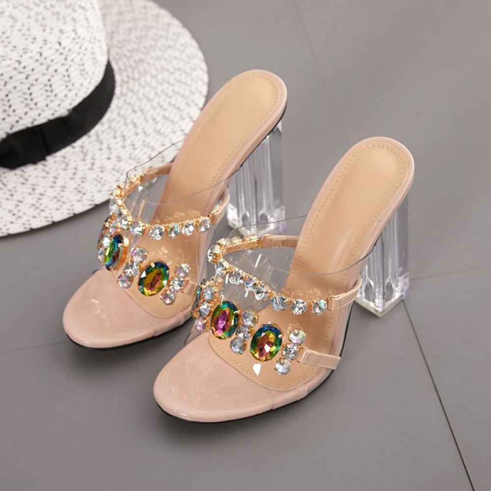 Chunxin style transparent crystal thick heel diamond high heel dress plus size ladies sandals 42