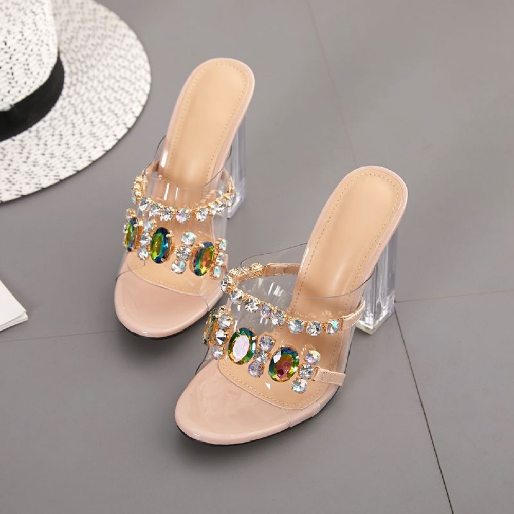 Chunxin style transparent crystal thick heel diamond high heel dress plus size ladies sandals 42