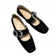New single shoes square head flat bottom OL low heel single shoes rhinestone buckle suede lazy women's shoes
