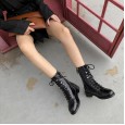 Martin boots women's new style wind leather short boots lace-up chunky heel medium boots