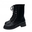 Martin boots women's new style wind leather short boots lace-up chunky heel medium boots