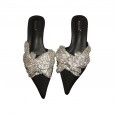 Spring style fine-heeled mid-heeled sequined pointed toe baotou half-drag fashion satin wedding OL women's shoes 8288-2