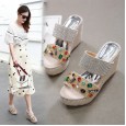 Wedge slippers female summer rhinestone word drag thick bottom muffin shoes high heel waterproof platform straw sandals with diamonds