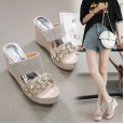 Wedge slippers female summer rhinestone word drag thick bottom muffin shoes high heel waterproof platform straw sandals with diamonds
