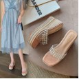 Summer new Roman transparent slope high-heeled square head open-toed beach linen woven thick bottom OL cool female half slippers