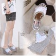 High-heeled wedge heel muffins with thick bottoms, wearing rhinestones, flatbed beach fish mouth, cool half-drag women's shoes