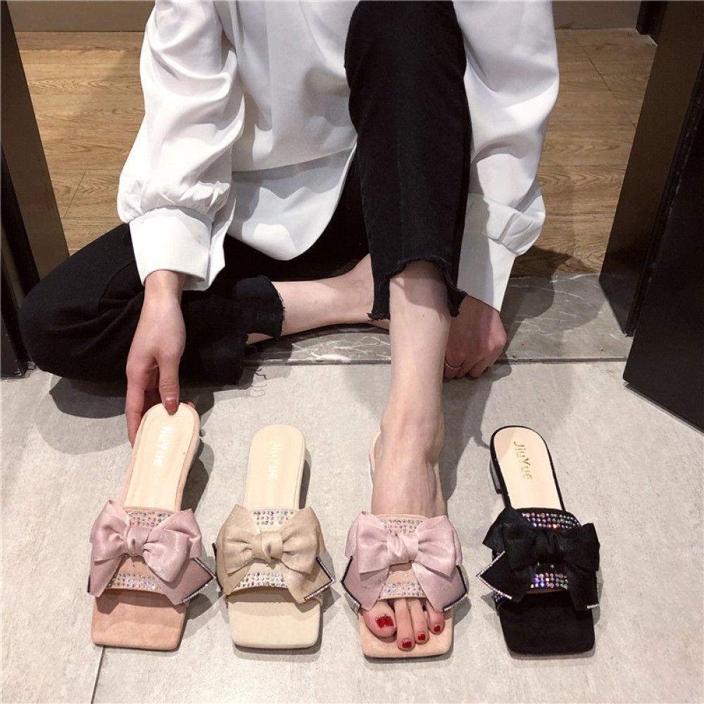 Summer new thick middle-heeled bow rhinestone satin lazy OL female half slippers
