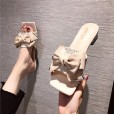 Summer new thick middle-heeled bow rhinestone satin lazy OL female half slippers