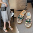 Summer new rhinestone flat bottom lazy drag fashion Roman hemp knitted open toe transparent female half drag