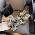 Summer new rhinestone flat bottom lazy drag fashion Roman hemp knitted open toe transparent female half drag