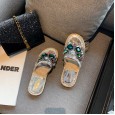 Summer new rhinestone flat bottom lazy drag fashion Roman hemp knitted open toe transparent female half drag