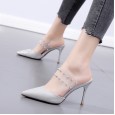 Rome summer new fashion pointed thin high-heeled slippers rivets transparent wear banquet half drag sandals