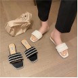 Summer Roman new product fashion tassel square head open toe flat bottom beach lazy female half drag sandals