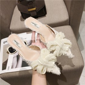 Pointed bowknot half slippers female spring wear new mid-heeled Baotou sandals kitten heel mules