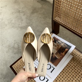 Baotou half slippers female new outer wear flat bottom retro metal buckle pointed sandals thick heel