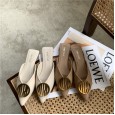Baotou half slippers female new outer wear flat bottom retro metal buckle pointed sandals thick heel