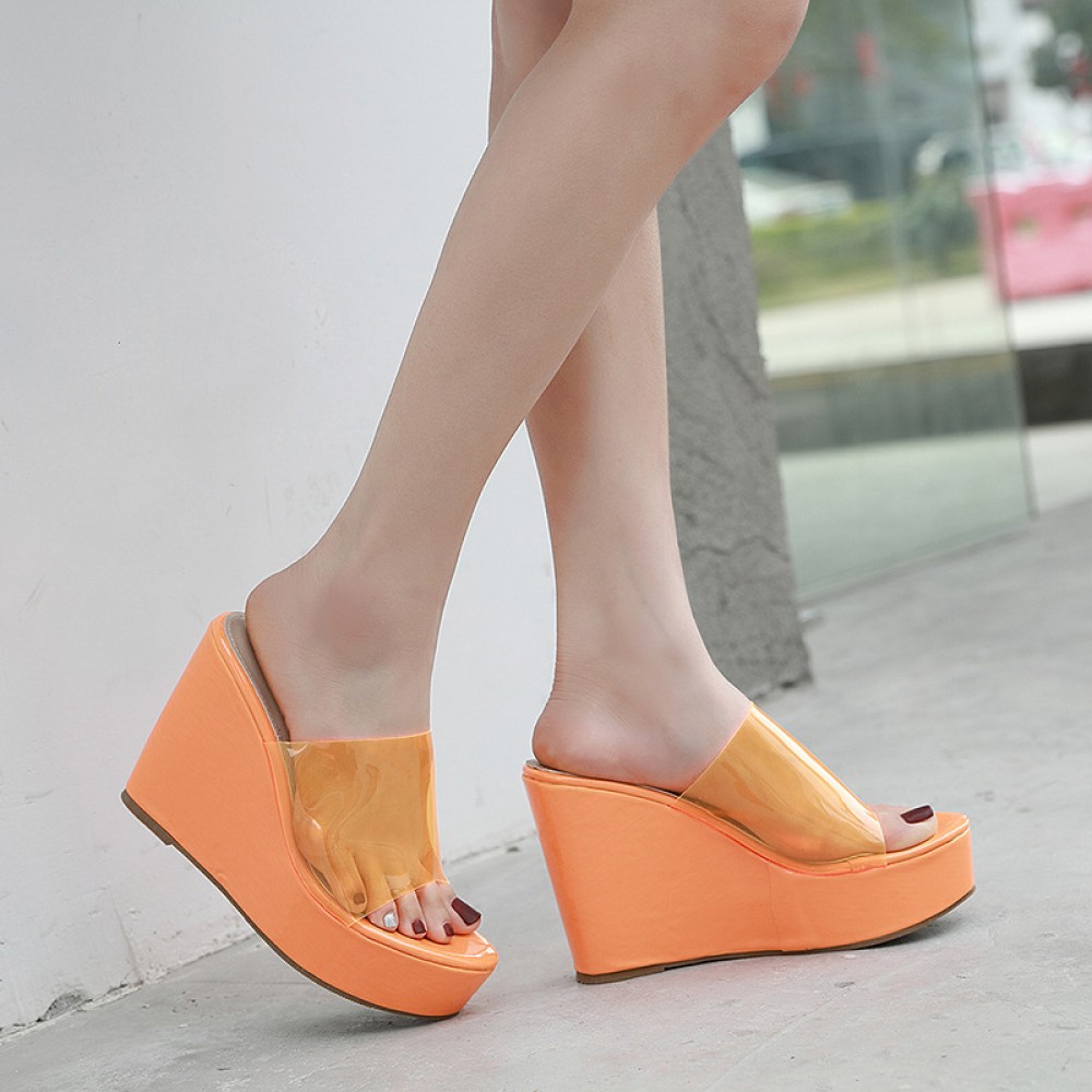 Spring and summer new transparent slope with fish mouth high heel sandals ladies thick bottom half slippers tide