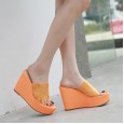 Spring and summer new transparent slope with fish mouth high heel sandals ladies thick bottom half slippers tide