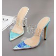 Women's fine high-heeled sandals and slippers spring and summer new pointed rivets transparent heel shoes large size 42