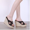 Fashionable summer linen weave wedge heel platform thick bottom high heel cross belt half drag female sandals H6