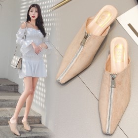 New fashion front zip suede with heel Baotou square head OL half drag sandals women