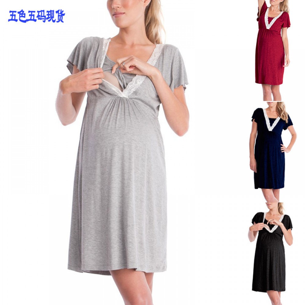 Hot-sale lace stitching multifunctional mother nursing dress pajamas before and after pregnancy