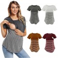 Fashion round neck short sleeve breastfeeding T-shirt striped stitching parent-child maternity dress