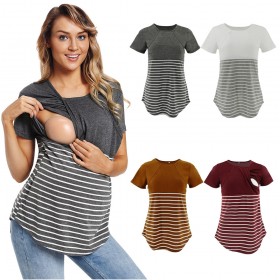 Fashion round neck short sleeve breastfeeding T-shirt striped stitching parent-child maternity dress
