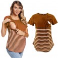 Fashion round neck short sleeve breastfeeding T-shirt striped stitching parent-child maternity dress