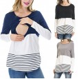 Maternity Wear Long Sleeves Round Collar Colorblock Lace Striped T-Shirt