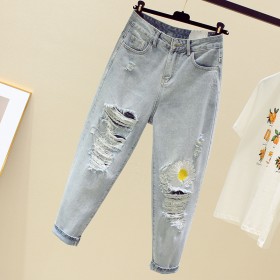 Spring and summer dress new style thin straight high waist ripped jeans female casual loose little daisy nine points old pants