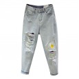 Spring and summer dress new style thin straight high waist ripped jeans female casual loose little daisy nine points old pants