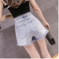 Summer new high waist a word bright diamond denim shorts female raw edge was thin wide leg hot pants