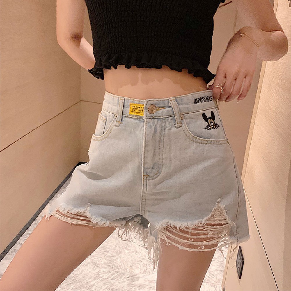 Denim shorts women's high waist was thin spring and summer new thin section rough edge loose hole shorts tide