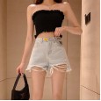 Denim shorts women's high waist was thin spring and summer new thin section rough edge loose hole shorts tide